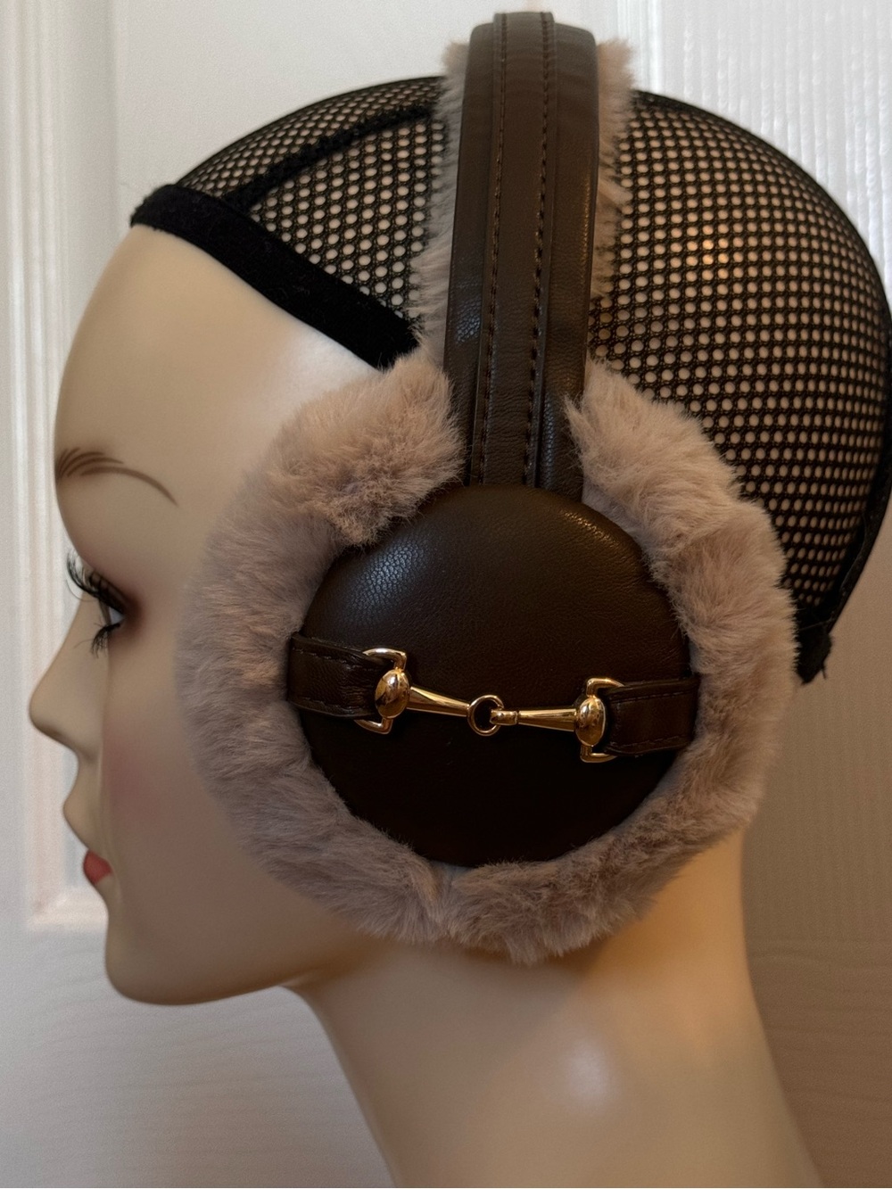 Horsebit earmuffs brown faux fur snaffle bit faux leather equestrian